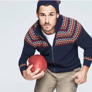 Michael Bastian Mens Navy Lambswool Blend Fair Isle Full Zip Cardigan Sweater M